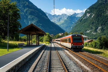 A train station in the mountains, surrounded by greenery, with a train arriving on a clear day, mountain train station, scenic transportation