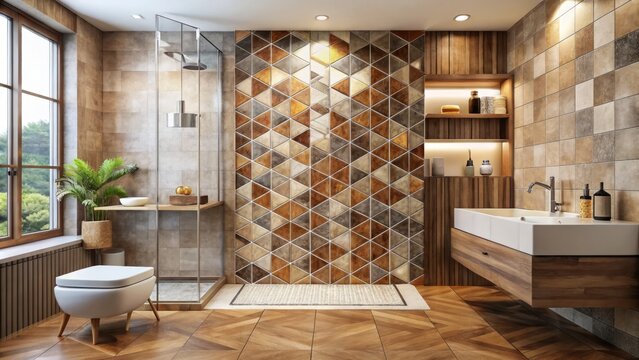 Stylish geometric patterns and warm, earthy tones bring a sense of elegance and serenity to contemporary bathroom