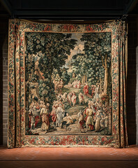 Jacquard tapestry hung on a wall: elaborate medieval scene woven with rich reds, greens, and golds