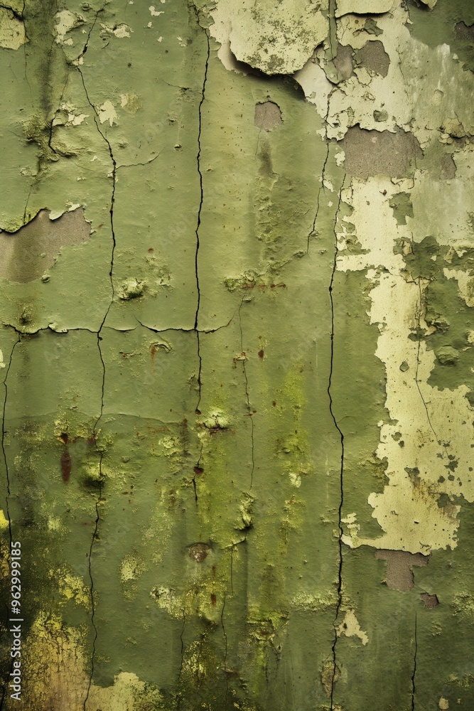 Poster old weathered olive green wall with cracks and holes. close-up view of peeling paint revealing surfa