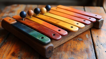 Naklejka premium A colorful wooden xylophone with wooden mallets sits on a rustic wooden table.