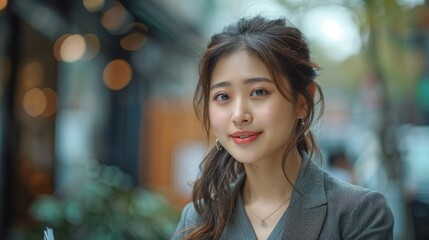A woman with long dark hair and a black jacket is smiling