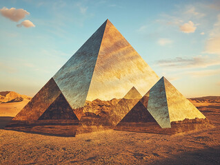 Stacked pyramid of repeating triangles in a desert landscape, reflecting golden hour sunlight