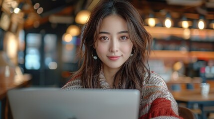 A woman is sitting at a table with a laptop in front of her