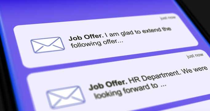 List of job offer emails, incoming hiring letters on smartphone screen, close-up job placement notifications