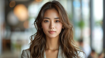 A woman with long brown hair and a necklace is standing in front of a window