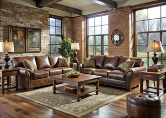Fototapeta premium This cozy living room showcases the Rustic faux leather upholstered furniture set, its rugged charm complemented by