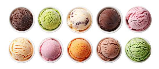 Ten white bowls with scoops of different flavored ice cream