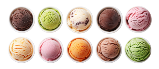Ten white bowls with scoops of different flavored ice cream