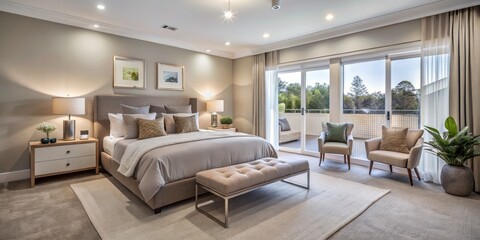 Fototapeta premium This luxurious Canningvale bedroom boasts modern furniture in calming neutral hues, crafting a peaceful atmosphere that