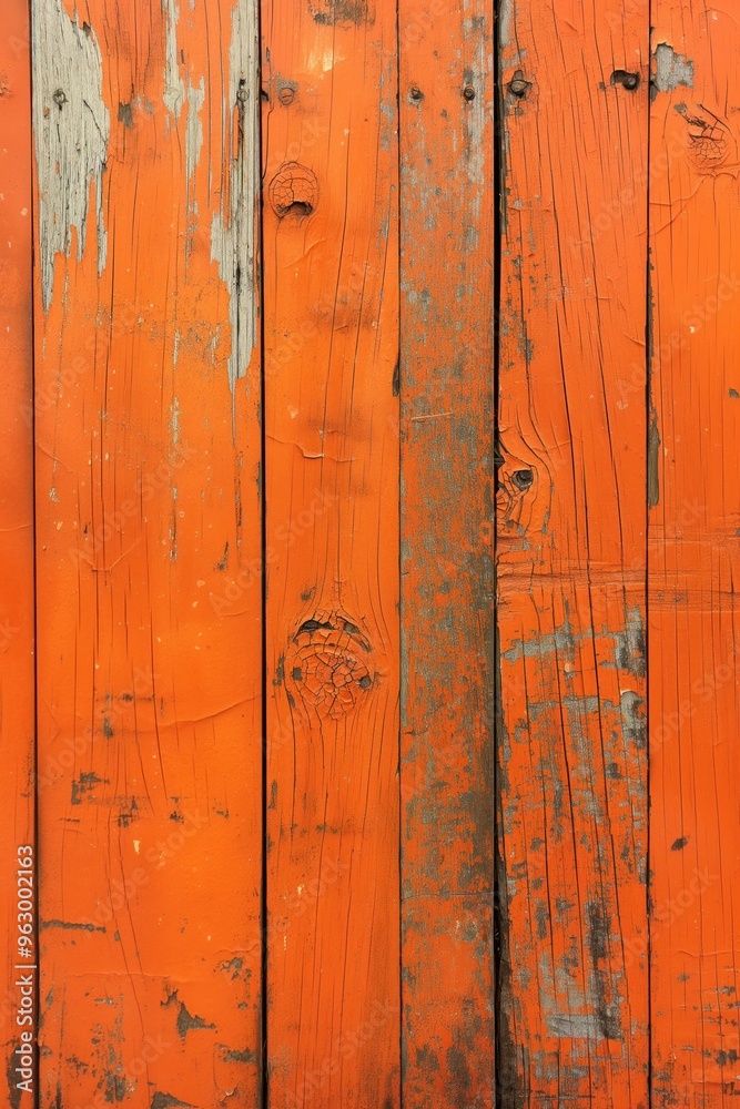 Poster old weathered wooden planks with orange hue, rough texture and small holes. close-up view of rustic 