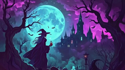Happy Halloween background with Old witch with magical potion and the dead trees and Dracula castle under the moonlight.- Vector illustration