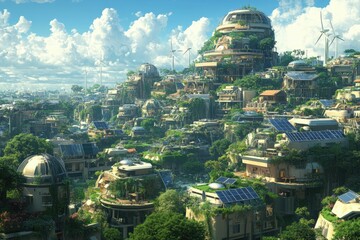 Obraz premium Futuristic eco-city with greenery and renewable energy.