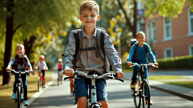 Children riding bicycles happily through a sunny park in early autumn with smiling faces and colorful surroundings
