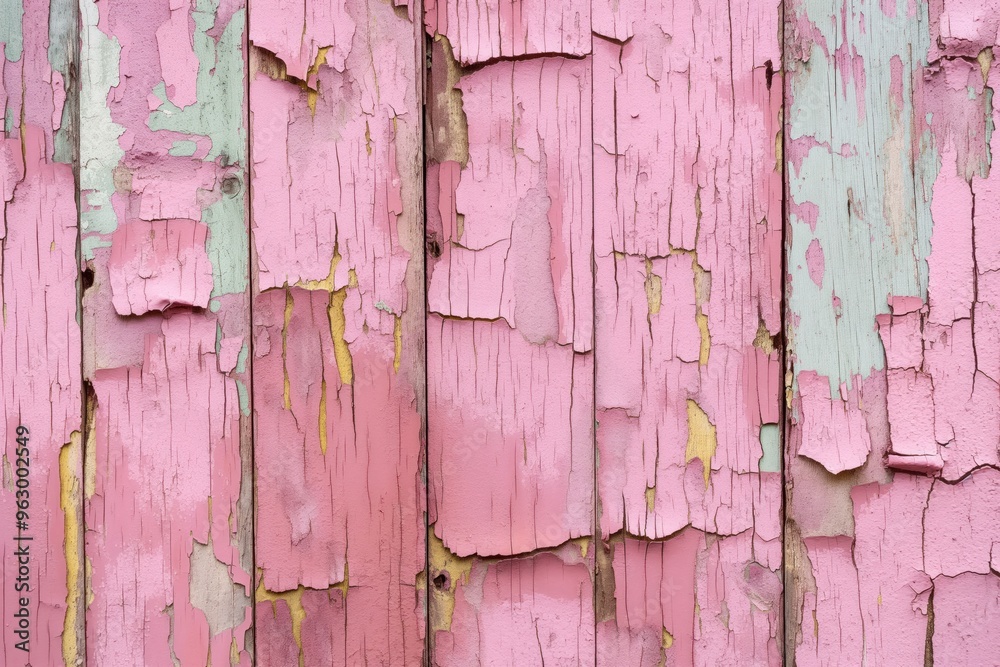 Aufkleber weathered wooden surface with pinkish-brown hue shows cracks and peeling paint. vertical planks crea