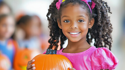 A Young Girl in a Pink Shirt Smiles While Holding a Bright Orange Pumpkin During a Festive Fall Celebration With Children