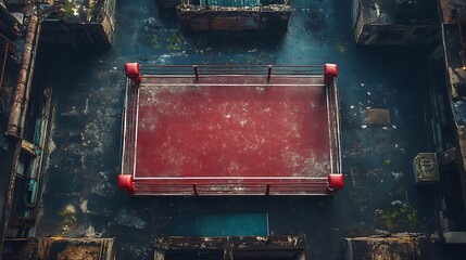 Aerial view of an empty boxing ring in a derelict building.