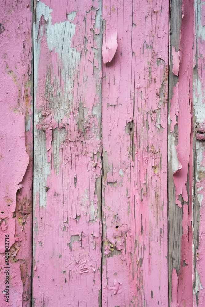 Aufkleber weathered pink paint peels off wooden surface revealing aged wood. close-up view of distressed finis