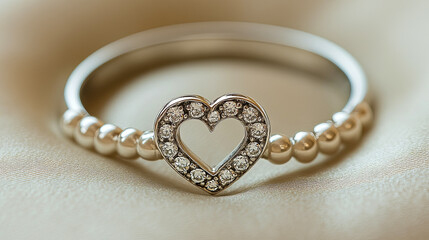 Obraz premium Elegant Heart-Shaped Silver Ring Adorned With Sparkling Gems on a Soft Fabric Surface