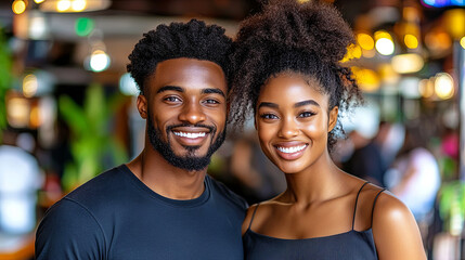 Fototapeta premium Smiling Couple Poses Together in a Vibrant Cafe During a Sunny Afternoon, Showcasing Their Joy and Connection in a Lively Environment