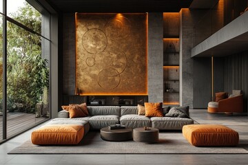 Modern Living Room with Metallic Wall and Orange Accents
