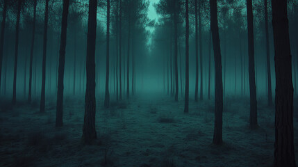 Obraz premium A Misty Forest Landscape at Twilight With Tall Trees Creating a Serene yet Eerie Atmosphere