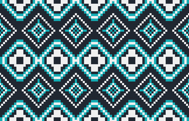 Christmas and New Year blueblack and white seamless pattern, fairytale pixel pattern in white and green with Nordic snowflakes for winter hats, ugly sweaters, jumpers. wallpaper, paper or other design