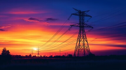  Silhouette High voltage electric tower on sunset time and sky on sunset time background
