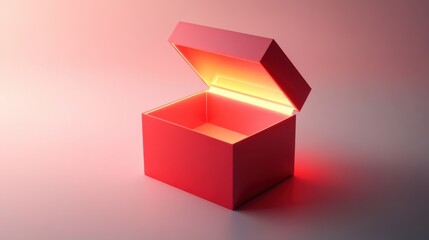 Fototapeta premium Red gift box, partially open, with a mysterious glow emanating from within on a soft gradient background.