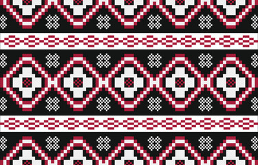 Christmas and New Year red black and white seamless pattern, fairytale pixel pattern in white and green with Nordic snowflakes for winter hats, ugly sweaters, jumpers. wallpaper, paper or other design