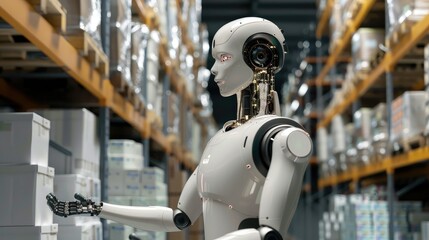 Modern AI robot machine working in a smart warehouse industrial engine managing and checking the stocks