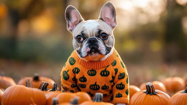 A playful French Bulldog wearing a vibrant Halloween patterned sweater sits in an outdoor pumpkin patch surrounded by ripe pumpkins