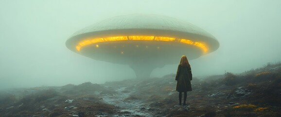 A woman stands in front of a hovering, glowing UFO in a foggy landscape.