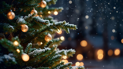 Golden bokeh from defocused string lights creates a magical shimmer against a dark Christmas background, perfect for overlay text or product display.