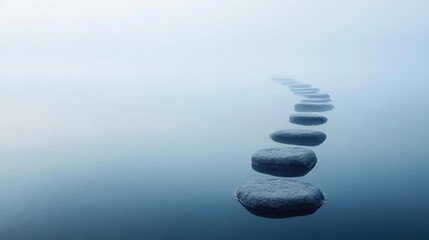 Fototapeta premium Stones arranged in a path over calm water, leading into the distance, surrounded by soft mist and reflections.