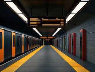 Fototapeta premium Minimalist train station with clean lines, soft lighting, and digital schedule boards, minimalist train station, modern design