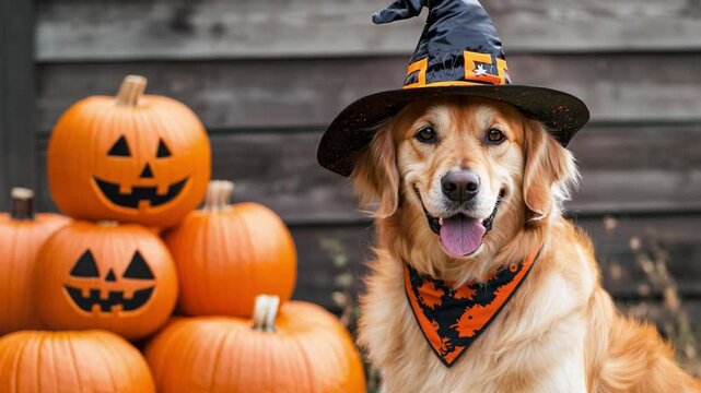 A joyful golden retriever dressed in a witch hat and bandana relaxes next to spooky jack-o-lanterns during Halloween celebration