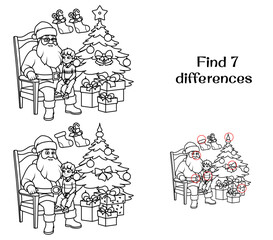 Santa Claus with a child on his lap near the Christmas tree. Find 7 differences. Tasks for children. Vector illustration