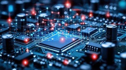 Obraz premium High-tech microchip with glowing circuits and vibrant data connections, representing modern technology and innovation.