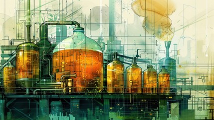 The Beer Brewing Process Illustrated in Amber and Green with a Focus on Tradition