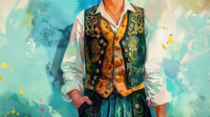 Fototapeta premium Traditional Oktoberfest Attire in Sky Blue and Forest Green with Fabric Textures