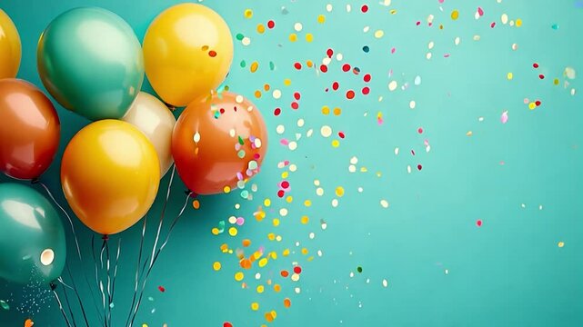 A cluster of vibrant balloons in various colors alongside scattered confetti sets a joyful mood for a celebration on blue backdrop with copy space