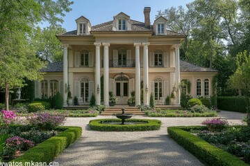 Obraz premium Elegant mansion surrounded by lush gardens and flowers.