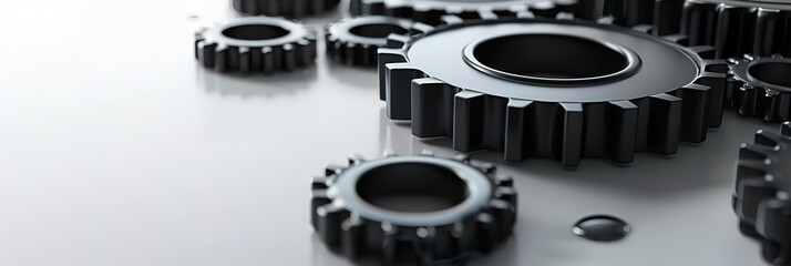 Close up of metal gears scattered on a white surface. The gears are in various sizes and shapes. The image conveys a sense of machinery, industry, and teamwork.