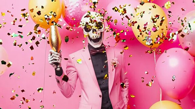 A skeleton dressed in a pink tuxedo enjoys a cheerful moment, raising a champagne glass with balloons and confetti surrounding it