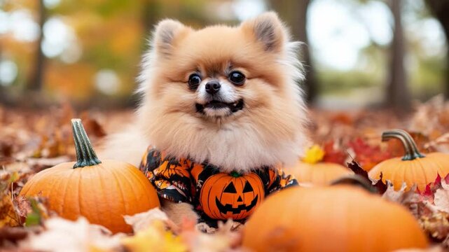 A cheerful Pomeranian in a Halloween outfit sits among pumpkins and fallen leaves on a bright autumn day