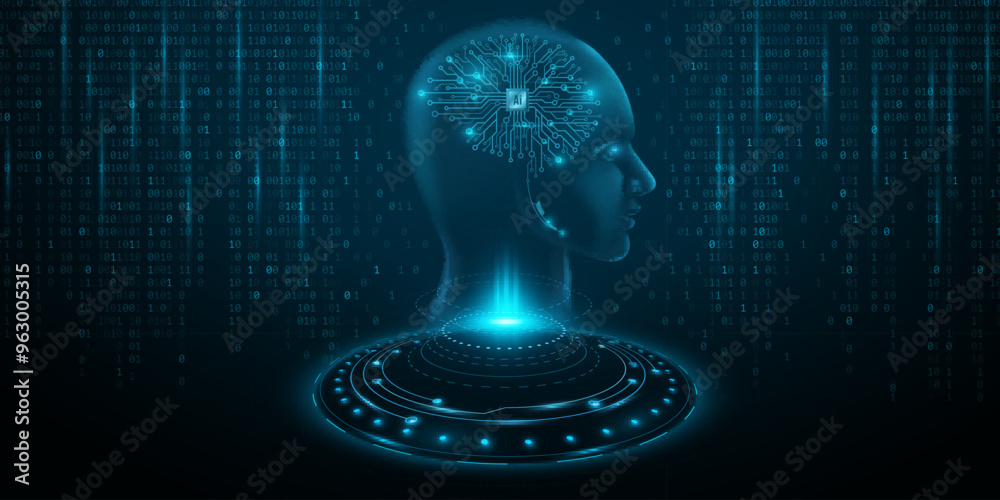 Poster humanoid face hologram from hud circle. ai brain with cpu chip and glowing circuit board. decaying b