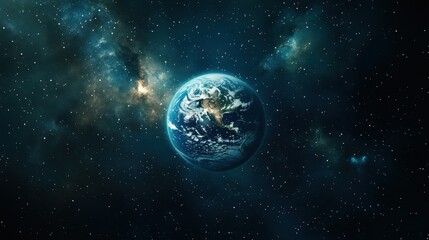 Fototapeta premium A small Earth floating serenely in the vast expanse of outer space, surrounded by twinkling stars and a soft, glowing nebula.