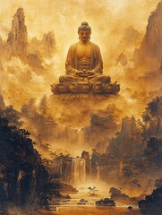 Guan Shiyin Bodhisattva surrounded by glowing golden clouds, with rivers flowing beneath and mountains in the distance, in a serene Gongbi painting style.