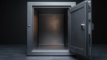 A highly detailed image of an empty safe, its door wide open, revealing a clean and unguarded interior with strong metal texture.